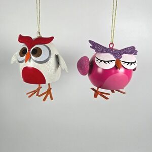2 Metal Owl Dangle Ornaments Christmas Holiday Glitter tree or shelf Sitter